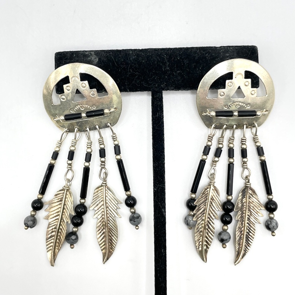 Sterling Silver Multi Dangle Stone Feather Drop P… - image 2